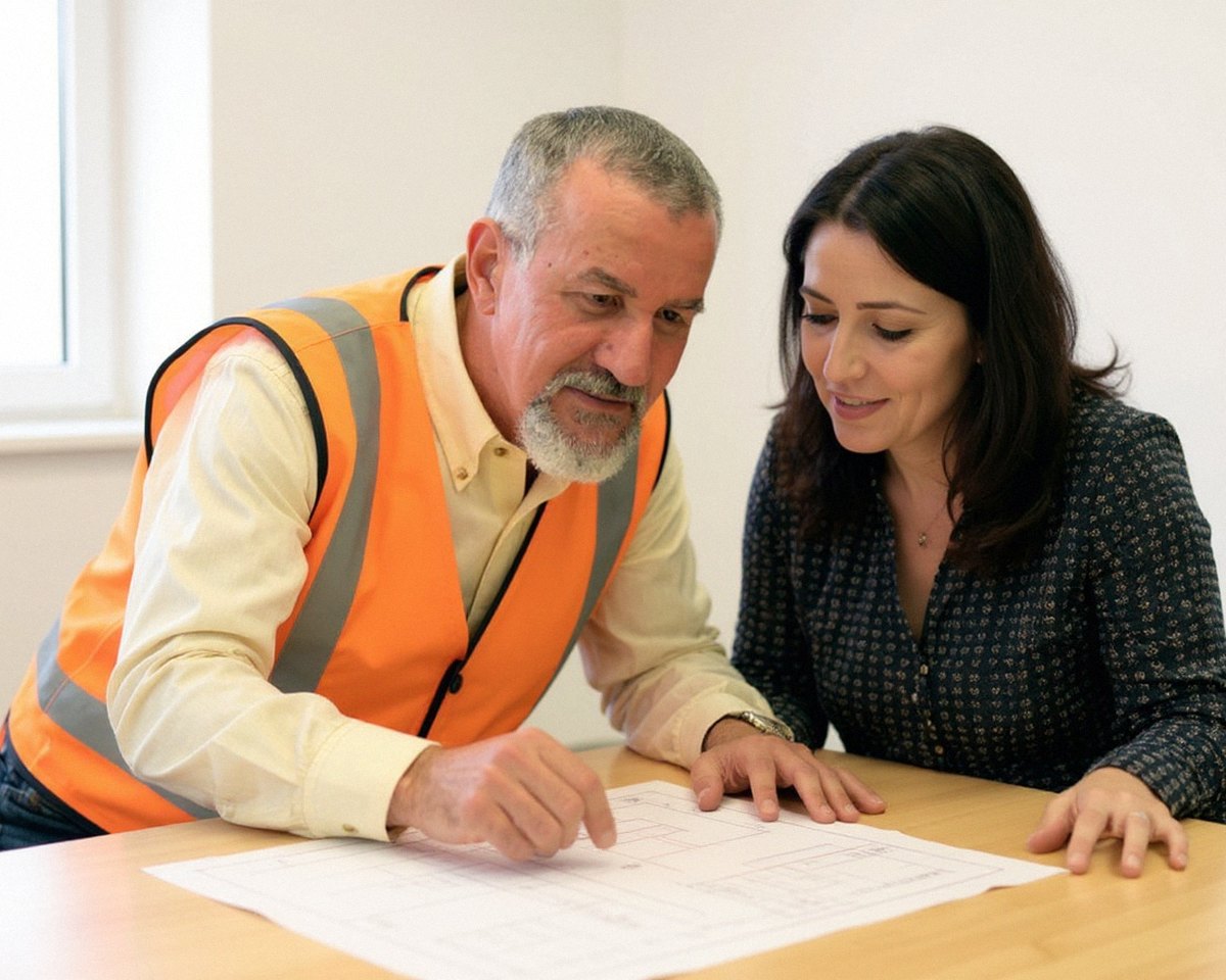 Arq. Pablo R. Castillo reviewing drawings with a client